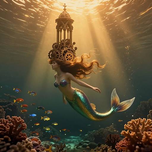 Digital artwork of a mermaid with a clock crown, shimmering green and blue tail, surrounded by colorful fish and coral, illuminated by sunlight from an