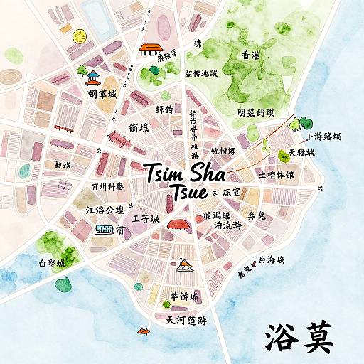 Hand-drawn map of Tim Sha's neighborhood in Chinese, featuring colorful houses, trees, and streets, with a mix of watercolor and ink.