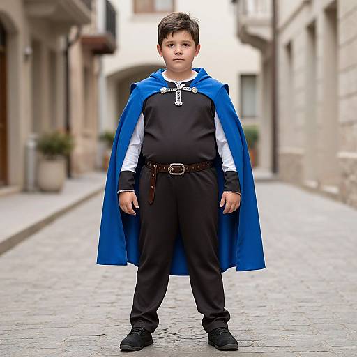 Photograph of a young boy with short brown hair, wearing a blue cape, black shirt, and pants, standing on a cobblestone street.