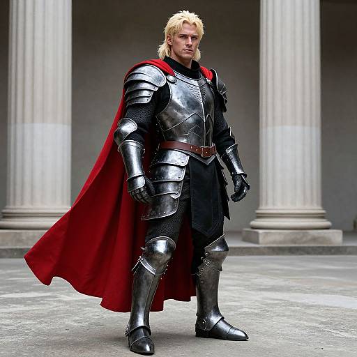Photorealistic CGI of a tall, blond, muscular man in shiny silver armor with a red cape, standing confidently in front of classical columns.