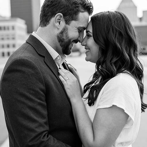 Black-and-white photograph of a bearded man in a suit and a woman with long hair in a white top, passionately kissing and smiling while standing outdoors