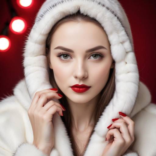 Woman in White Fur Hooded Coat with Red Lipstick