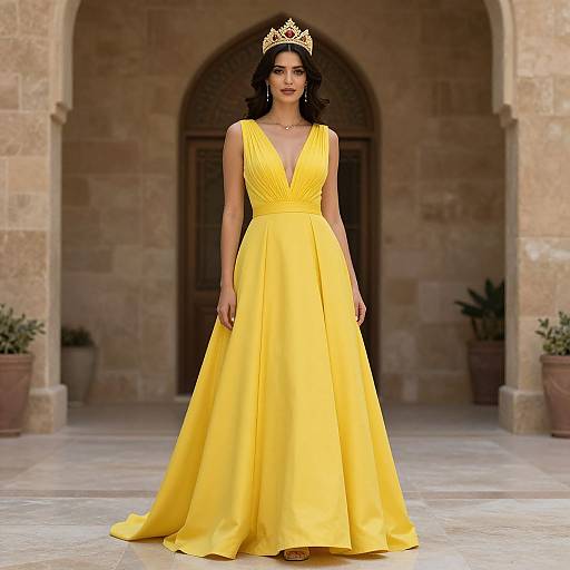 Photograph of a dark-haired woman in a deep V-neck, yellow, floor-length gown with a gold crown, walking on a stone courtyard with ar