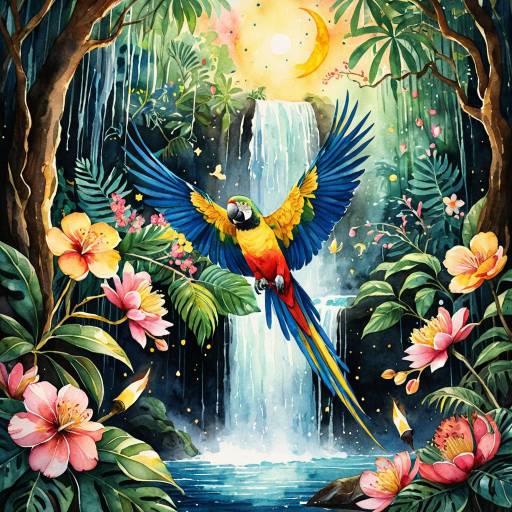 Vibrant Parrot in Magical Rainforest Waterfall