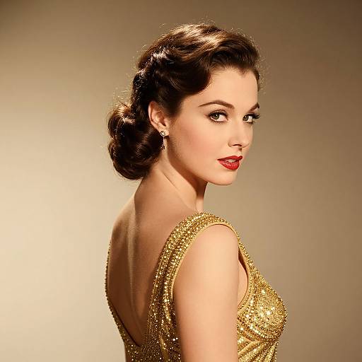 Photograph of a glamorous woman with fair skin, red lipstick, and dark, wavy hair in an elegant updo, wearing a sparkling gold,