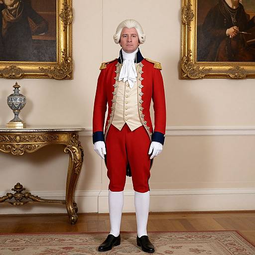 Photograph of a man in an 18th-century British military uniform, red coat, white waistcoat, white stockings, standing in a luxurious room