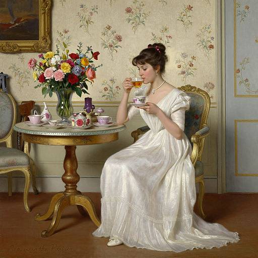 Photograph of a refined Victorian woman in a white, lace-trimmed gown, sipping tea, surrounded by floral wallpaper, vintage furniture, and