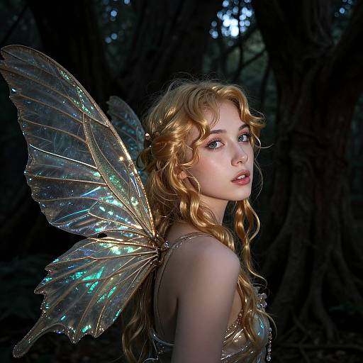 Photograph of a fair-skinned, blonde fairy with wavy hair, iridescent wings, and glowing blue-green eyes, set against a dark