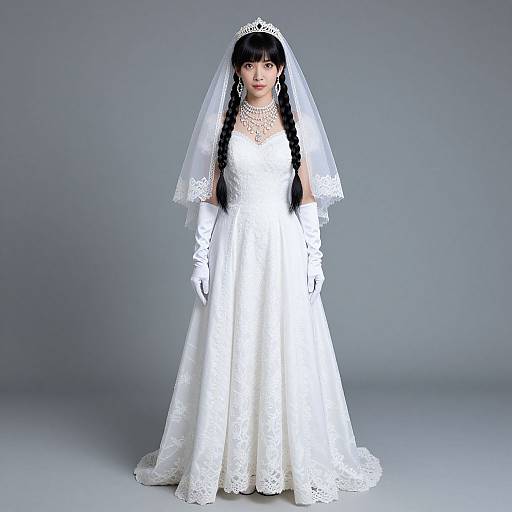 Photograph of an Asian bride with long black braids, wearing a white lace wedding dress, veil, and gloves, standing against a gray background.