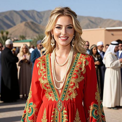 Photograph of a smiling blonde woman in a red, gold-embroidered dress with green accents, wearing layered pearl necklaces, standing outdoors in