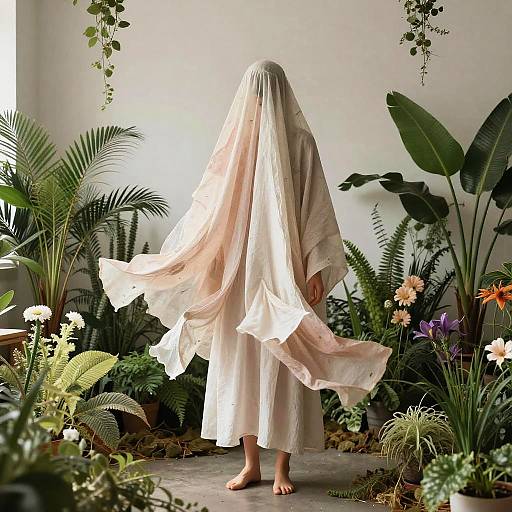 Photograph of a person in a flowing, white, translucent veil standing barefoot among lush, colorful tropical plants in a bright room.