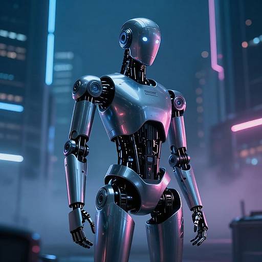 Photorealistic CGI of a shiny, metallic humanoid robot with glowing blue and pink lights in a futuristic, neon-lit cityscape.