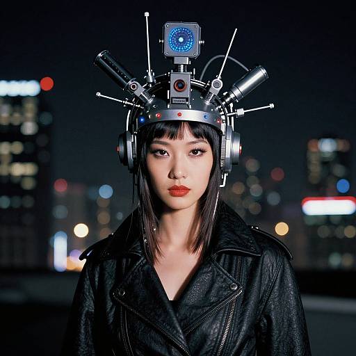 Photograph of an Asian woman with straight black hair, wearing a metallic cyber headset with wires, and a black leather jacket, against a nighttime cityscape
