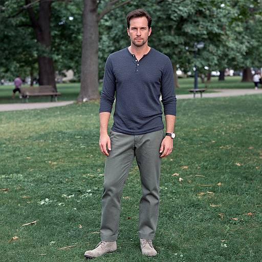 Photograph of a bearded man in a navy long-sleeve henley and gray pants, standing on a lush green park lawn with trees and