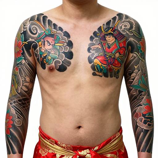 Photograph of a shirtless Asian man with intricate colorful tattoos of Japanese warriors on chest and sleeves, wearing red and gold traditional pants.
