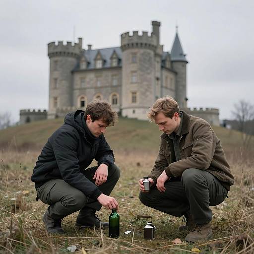 Crouching Men on Grassy Hill with Castle