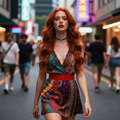 Confident Woman with Long Red Hair on Neon-Lit Street