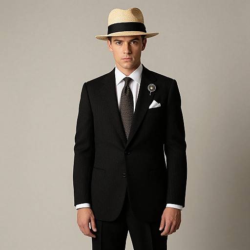 Photograph of a young man in a black suit, white shirt, black polka dot tie, and straw fedora, standing against a plain gray