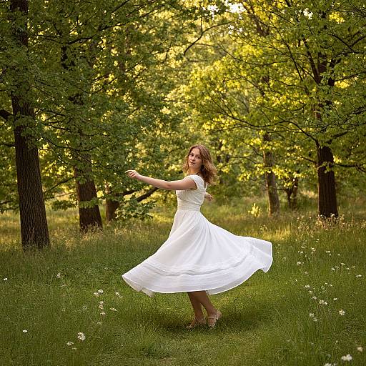 Photograph of a blonde woman in a flowing white dress, dancing in a sunlit, green forest clearing with tall trees and white wildflowers.