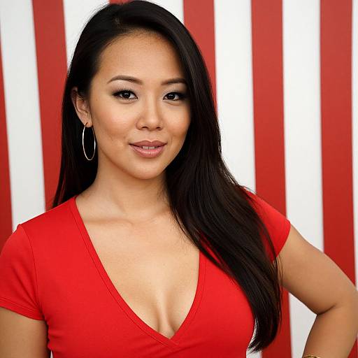 Photograph of an Asian woman with long black hair, wearing a red V-neck top and hoop earrings, smiling against a red and white striped background.