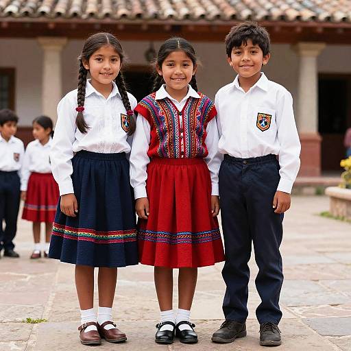 Photograph of three smiling Indian schoolchildren standing together; two girls in white shirts and traditional embroidered dresses, one boy in white shirt and black pants,