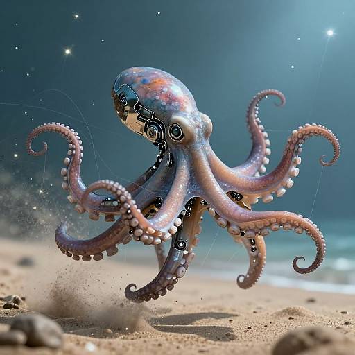 Digital art of a futuristic, robotic octopus with shiny, metallic blue and pink segments, black circuit patterns, and curled tentacles, splashing sand