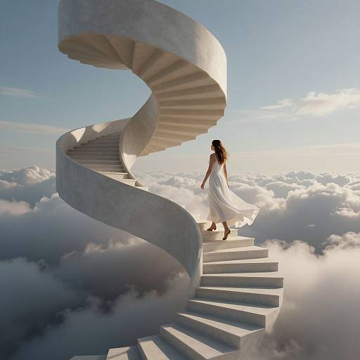 Photograph-style CGI: Woman in white flowing dress ascends spiral stone staircase through fluffy clouds, sunlight illuminating her silhouette.