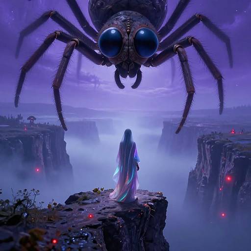 Digital fantasy artwork: A woman in a glowing, blue-purple dress stands on a rocky cliff, facing a giant, menacing spider with enormous eyes in a