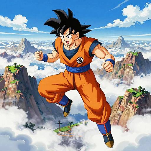 Goku Flying Over Vibrant Mountains