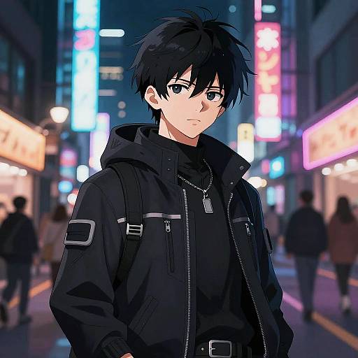 Anime-style digital drawing of a serious young man with black hair, wearing a black jacket, standing in a neon-lit, bustling city street at night