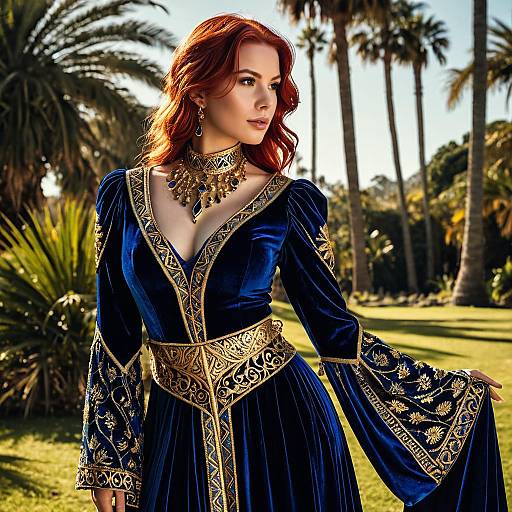 Woman in Medieval-Inspired Blue Velvet Dress