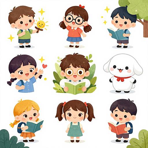 Cartoon illustration of nine children with diverse appearances, holding books and a sun, surrounded by plants, a snowman, and a yellow smiley face