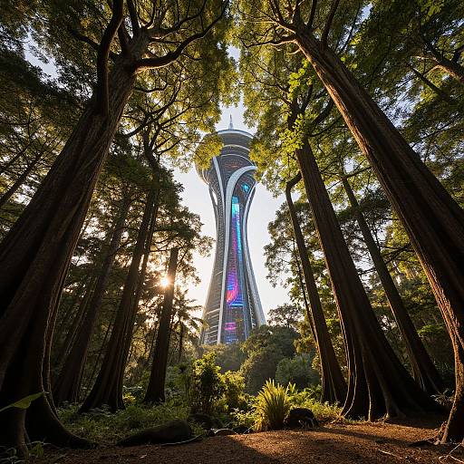 Futuristic Tower in Ancient Forest