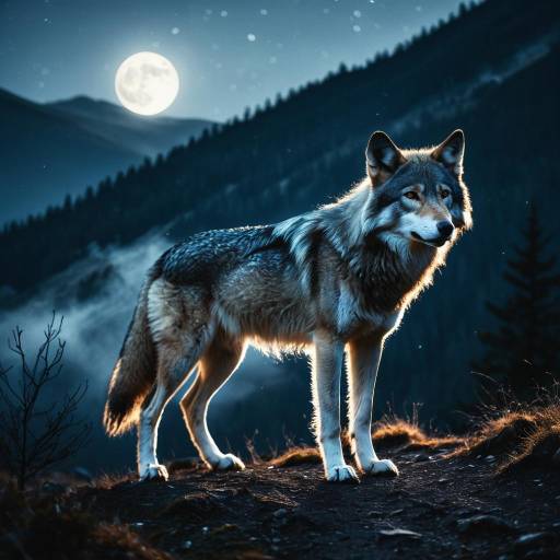 Enchanted Wolf in Moonlit Misty Mountains