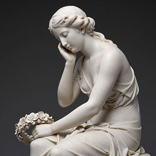 Photograph of a white marble statue of a sorrowful, classical-style woman with flowing hair, resting her cheek on her hand, holding a floral wre