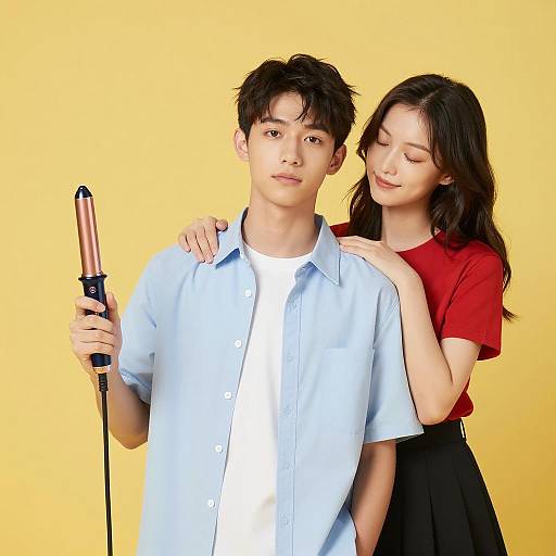 Teenage Couple with Curling Iron in Focus