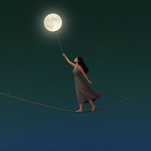 Photograph of a woman in a flowing grey dress balancing on a tightrope, holding a wand pointing at a bright full moon in a dark,