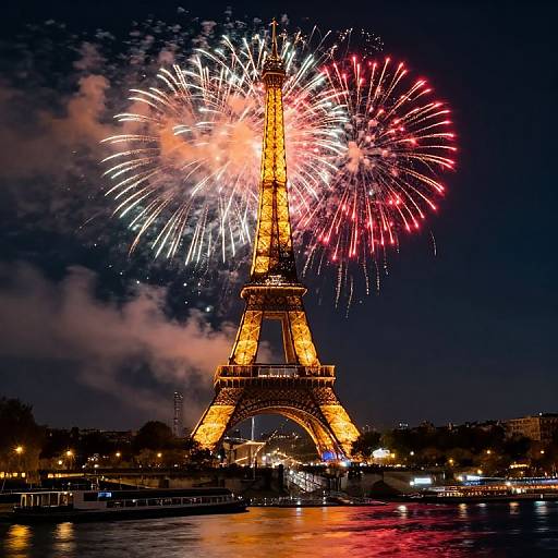 Photograph of the illuminated Eiffel Tower at night, surrounded by vibrant red, white, and gold fireworks exploding in the dark sky.