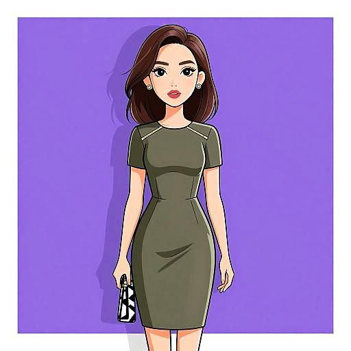 Digital anime-style illustration of a fair-skinned woman with brown hair, wearing a form-fitting green dress, holding a black-and-white handbag,
