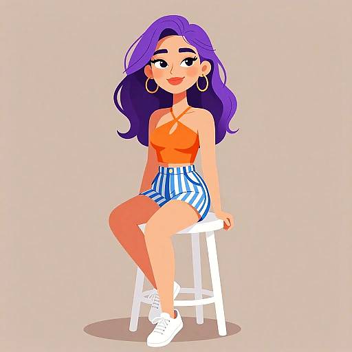 Digital illustration of a smiling woman with purple hair, orange top, blue and white striped shorts, white sneakers, and hoop earrings, seated on a white