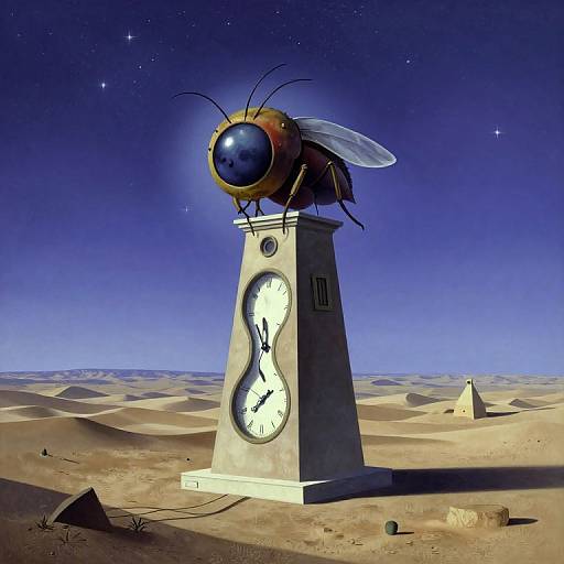 Digital art of a giant, bug-eyed clock insect perched on a desert clock tower under a starry night sky.