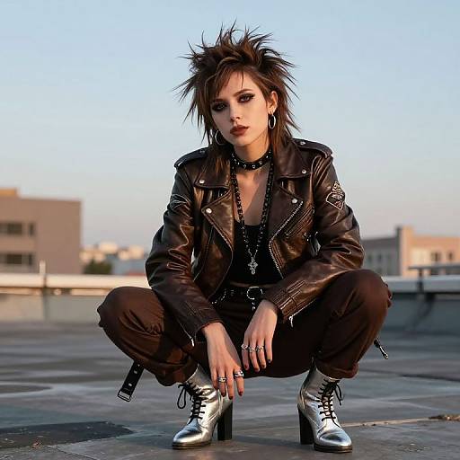 Digital artwork of a punk woman with spiked hair, black leather jacket, choker, black pants, and silver boots, squatting on rooftop. Urban