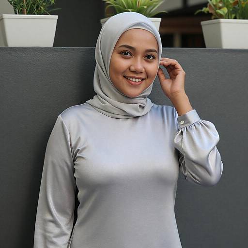 Smiling Asian Woman in Silver Hijab