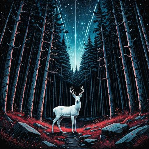 White Deer in Symmetrical Forest Under Starry Sky