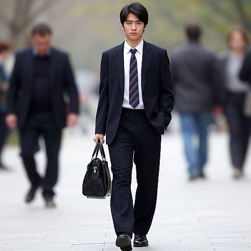 Photograph of a young Asian man in a black suit, white shirt, and striped tie, walking confidently down a city street, carrying a black leather