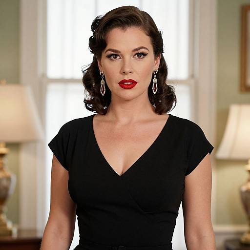 Photograph of a fair-skinned woman with dark wavy hair, red lipstick, black V-neck dress, and silver earrings, standing in a softly
