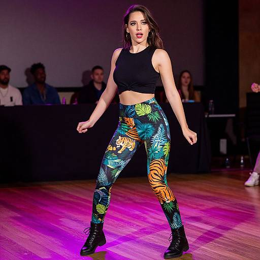 Photograph of a confident woman with dark hair, wearing a black crop top and vibrant, tropical-patterned leggings, strutting on a wooden stage with