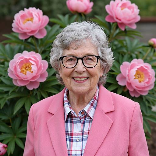 Photograph of an elderly woman with short gray curly hair, black glasses, pink blazer, plaid shirt, smiling, surrounded by pink peon