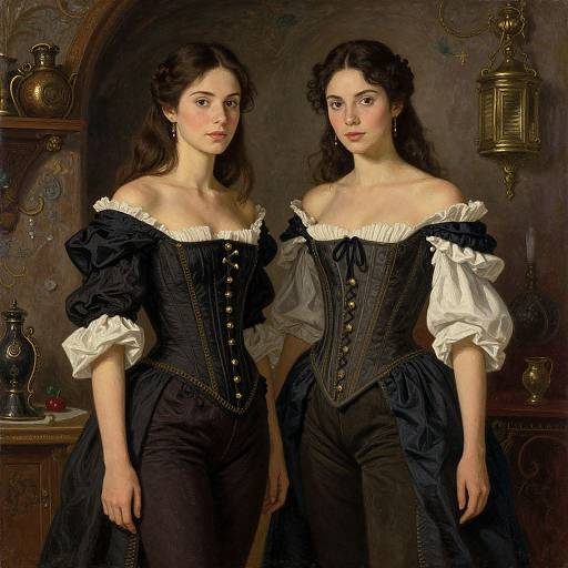 Digital painting of two young women with fair skin and dark brown hair, wearing black and white off-the-shoulder corset dresses, standing in a