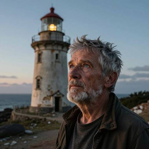 Photograph of an aged, gray-haired man with a white beard, gazing at a lit lighthouse at dusk. Background features a cloudy sky and